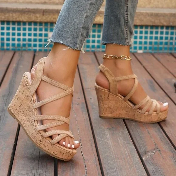 Women's Strappy Cork Wedge Sandals - Open Toe Design, High Thick Soles Color - Picture 3 of 4